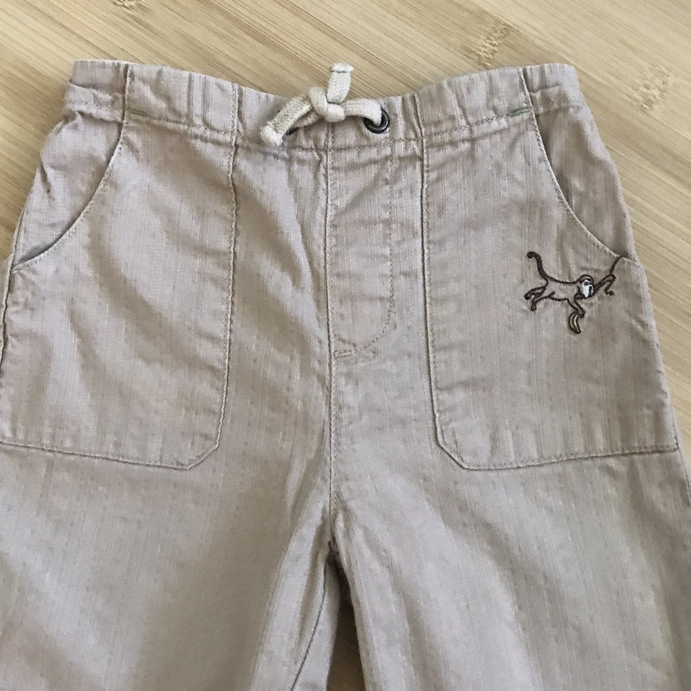 Janie and Jack Khaki Pull On Pants 6-12 Months Roll Tab Cuff Embroidered Monkey - Picture 6 of 16